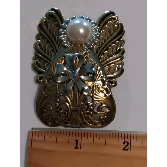 Jane Davis Signed Angel Faux Pearl Rhinestone Brooch Ribbon Mixed Metal - Picture 9 of 12